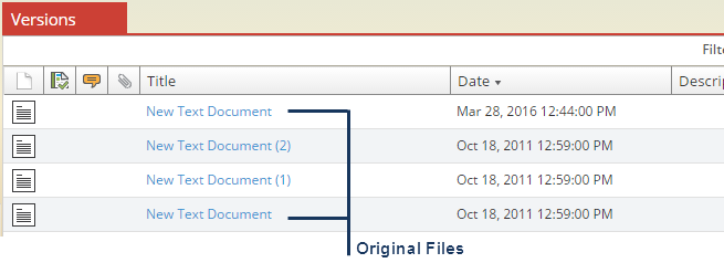 Screenshot of a version list showing documents that have multiple copies of the same version published.
